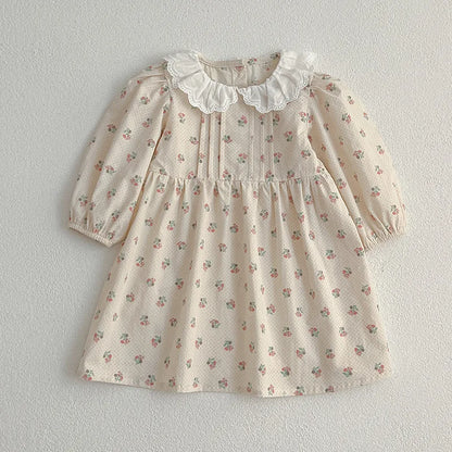 -ベビーロンパース/キッズワンピース レースフリル襟ピンタックフラワープリント長袖ボディスーツ/ワンピース リンクコーデ 姉妹 お揃いコーデ【mh0007418】 - mamahalo shop - 長袖ロンパース -  べビー服 - 子供服 - 男の子 - 女の子