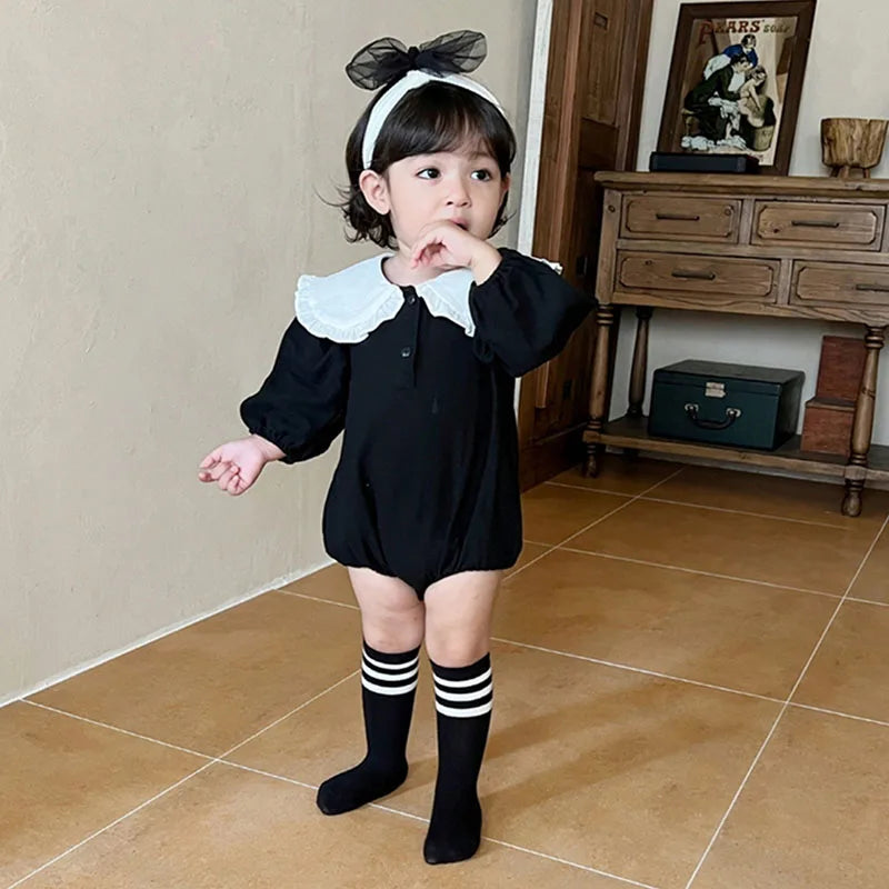 -ベビーロンパース フリルビッグ襟 長袖ボディスーツ ブラック/チェック【mh0004224】 - mamahalo shop - 長袖ロンパース -  べビー服 - 子供服 - 男の子 - 女の子