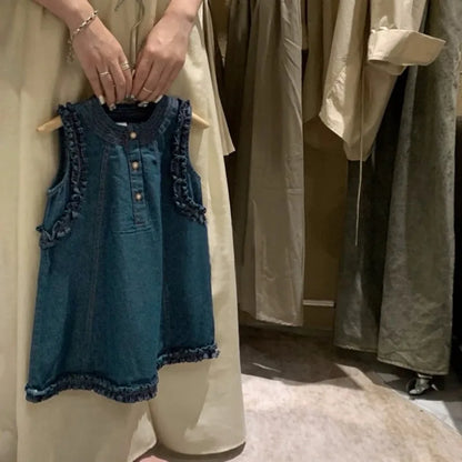 -キッズワンピース デニムフリル ノースリーブワンピース【mh0005355】 - mamahalo shop - ノースリーブワンピース -  べビー服 - 子供服 - 男の子 - 女の子