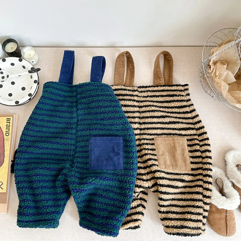 -キッズ フリースサロペットパンツ サスペンダーパンツ ボーダー ブルー コーヒー 2カラー ユニセックス 男の子 女の子 子供服 - mamahalo shop - サロペットパンツ・サスペンダーパンツ -  べビー服 - 子供服 - 男の子 - 女の子