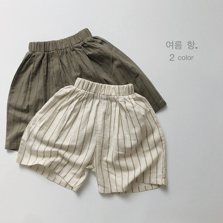 -キッズ コットンリネン ストライプ 半袖 シャツ ショートパンツ ベージュ アーミーグリーン ボーイズ【mh0002095】 - mamahalo shop - ハーフパンツ・ショートパンツ -  べビー服 - 子供服 - 男の子 - 女の子