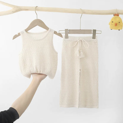 -キッズ レース サマー ニット タンクトップ ワイド ルーズ パンツ ベージュ キャメル ガールズ - mamahalo shop - ロングパンツ・スウェットパンツ -  べビー服 - 子供服 - 男の子 - 女の子