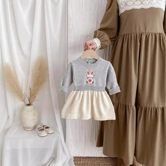 -ベビーキッズワンピース うさぎバニー刺繍バイカラー長袖ニットワンピース - mamahalo shop - 長袖ワンピース -  べビー服 - 子供服 - 男の子 - 女の子