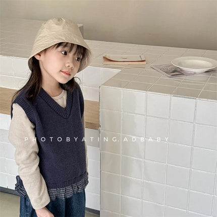 キッズベスト ニットVネックベスト チェックプリーツペプラム 2カラー - mamahalo shop - ベスト -  べビー服 - 子供服 - 男の子 - 女の子