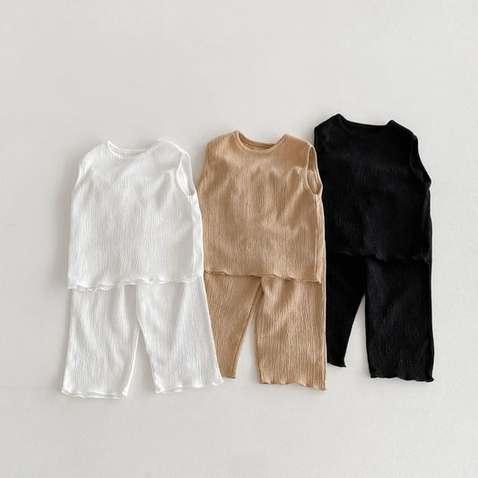 -キッズセットアップ 2点セット ノースリーブシャツ+ワイドルーズロングパンツ 無地 3カラー【mh0005573】 - mamahalo shop - ノースリーブセットアップ -  べビー服 - 子供服 - 男の子 - 女の子