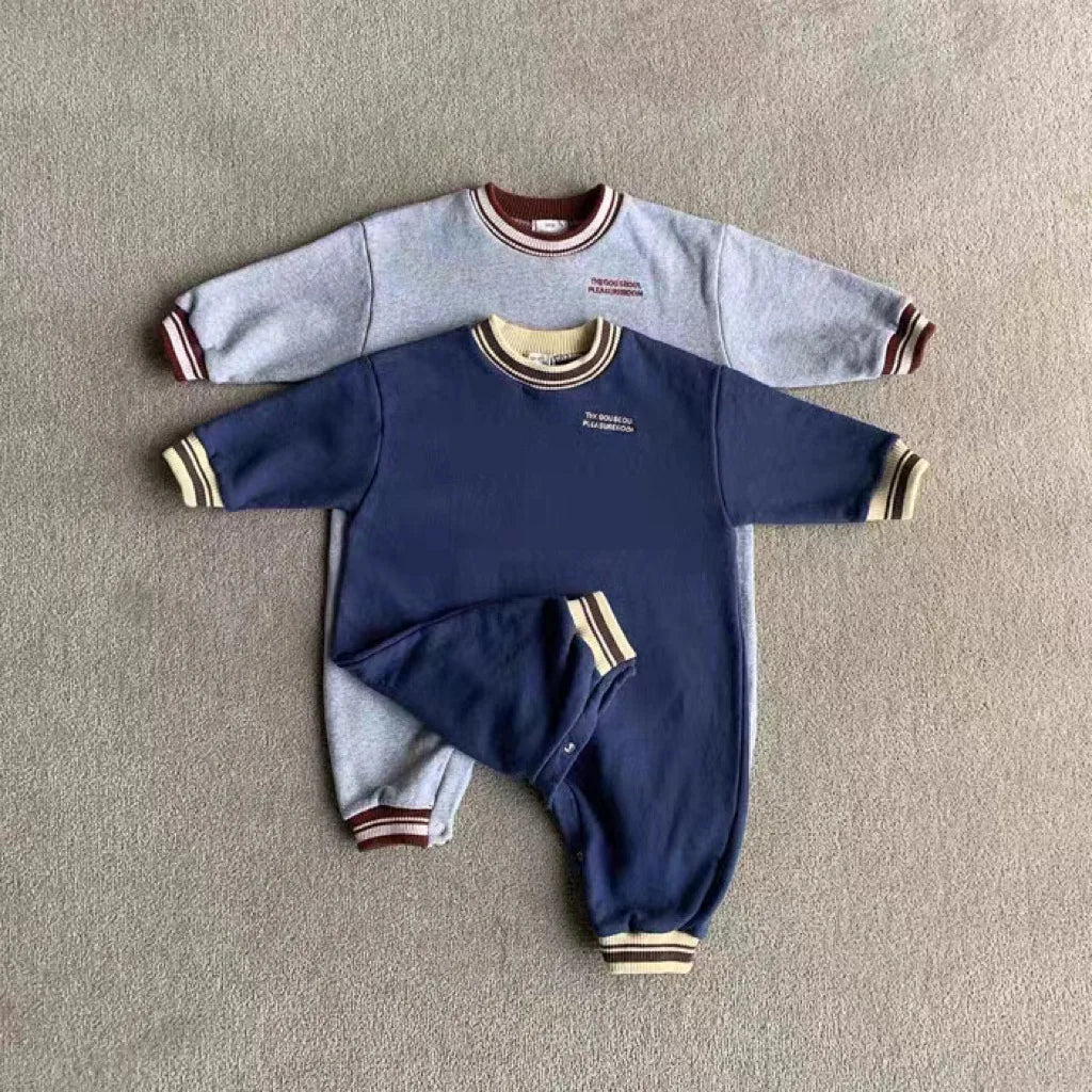 -ベビーロンパース 長袖ジャンプスーツ レターロゴワンポイント ネイビー グレー 2カラー - mamahalo shop - 長袖ロンパース -  べビー服 - 子供服 - 男の子 - 女の子