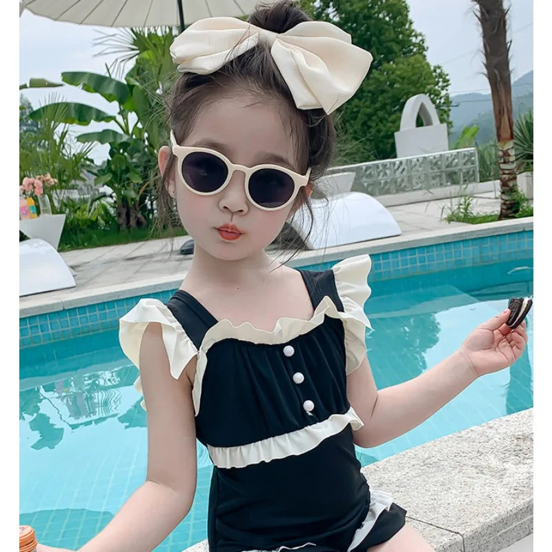 -キッズ水着 ガールズ ワンピース+帽子セット ダブルフリル スイムウェア ブラック【mh0005979】 - mamahalo shop - ベビー用水着 -  べビー服 - 子供服 - 男の子 - 女の子