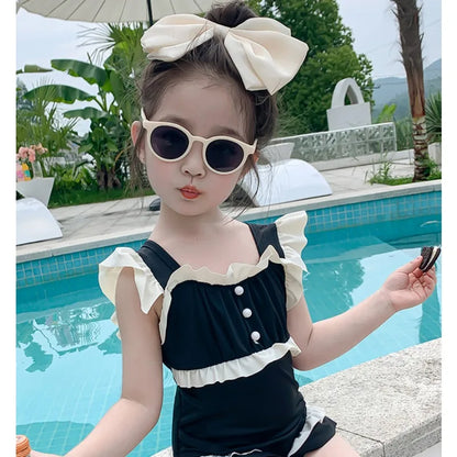 -キッズ水着 ガールズ ワンピース+帽子セット ダブルフリル スイムウェア ブラック【mh0005979】 - mamahalo shop - ベビー用水着 -  べビー服 - 子供服 - 男の子 - 女の子