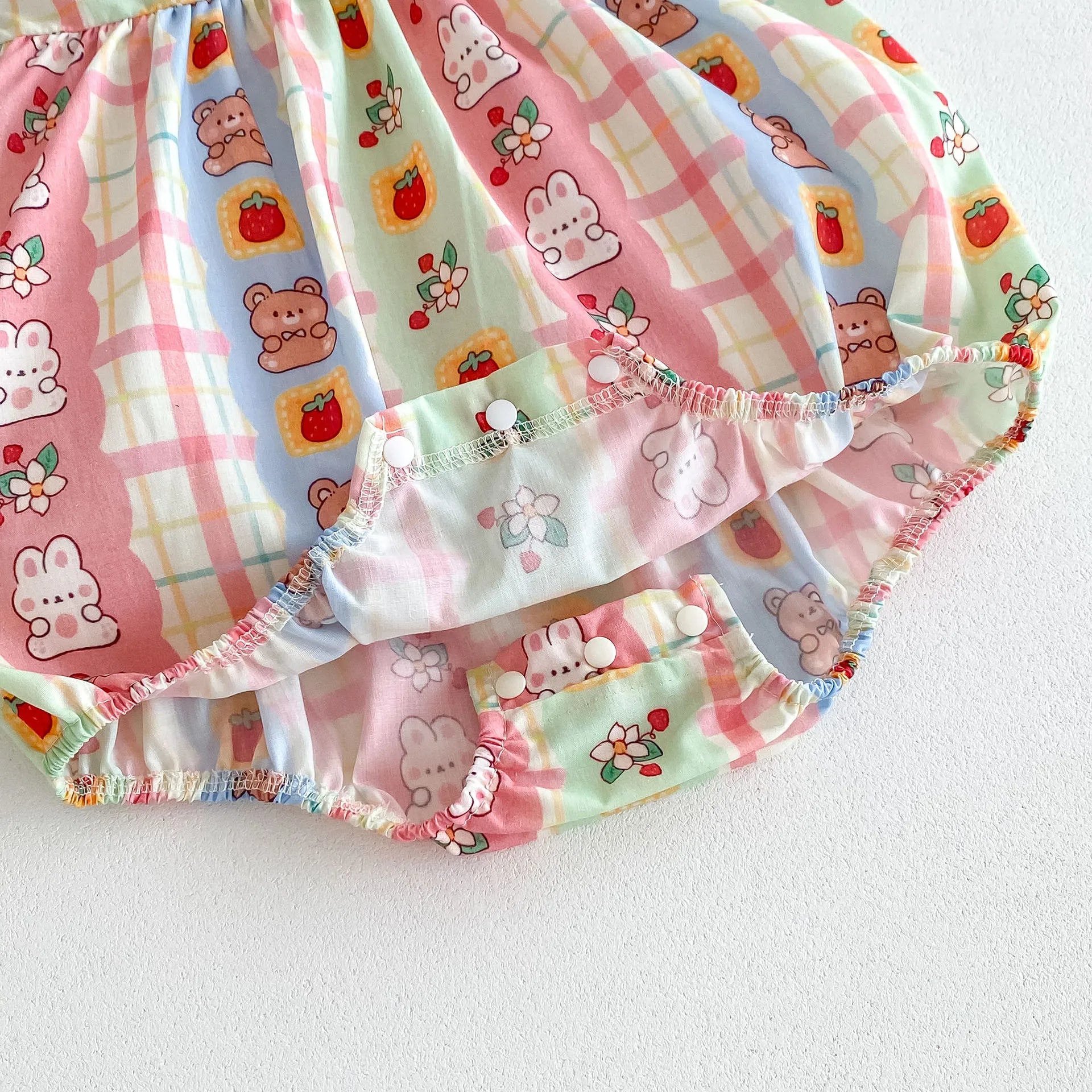 -ベビーロンパース フリルスリーブボディスーツ くまベアうさぎ ストライプ レトロプリント【mh0006546】 - mamahalo shop - 半袖ロンパース -  べビー服 - 子供服 - 男の子 - 女の子