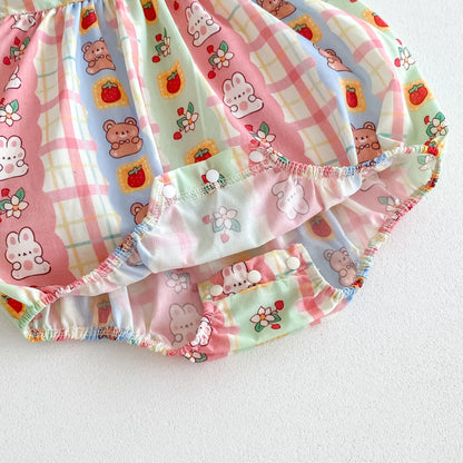 -ベビーロンパース フリルスリーブボディスーツ くまベアうさぎ ストライプ レトロプリント【mh0006546】 - mamahalo shop - 半袖ロンパース -  べビー服 - 子供服 - 男の子 - 女の子