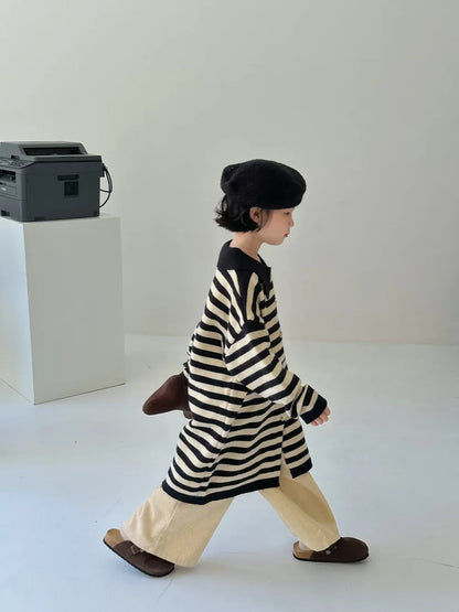 -キッズトップス/ワンピース ボーダー長袖セーター/ポロ襟ボーダーフロントオープンワンピース リンクコーデ 兄弟姉妹 お揃いコーデ【mh0007138】 - mamahalo shop - 長袖ワンピース -  べビー服 - 子供服 - 男の子 - 女の子