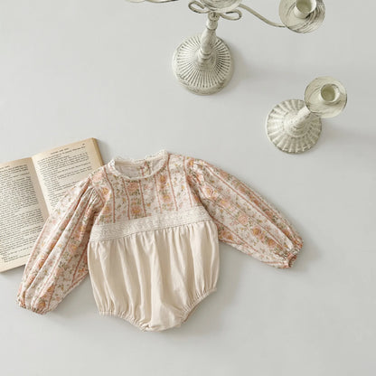 -ベビーロンパース 長袖パフスリーブボディスーツ レトロ フラワー花柄プリント レース【mh0004664】 - mamahalo shop - 長袖ロンパース -  べビー服 - 子供服 - 男の子 - 女の子