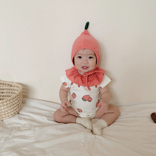 -ベビーロンパース いちご 苺 ストロベリーコスチューム 半袖ボディスーツ  ボンネット帽子セット - mamahalo shop - 半袖ロンパース -  べビー服 - 子供服 - 男の子 - 女の子