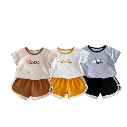 ベビーセットアップ 2点セット 半袖Tシャツ+ショートパンツ パンダあひるキリンプリント 3カラー - mamahalo shop - 半袖セットアップ - ベビー服 - 子供服 - 男の子 - 女の子