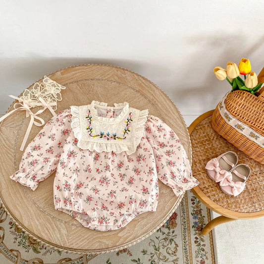 -ベビーロンパース フラワープリント刺繍長袖ボディスーツ ピンク【mh0007383】 - mamahalo shop - 長袖ロンパース -  べビー服 - 子供服 - 男の子 - 女の子