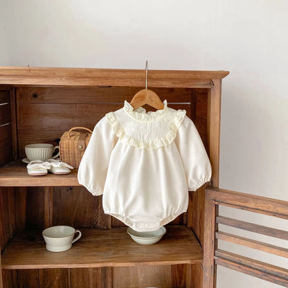 -ベビーロンパース レーススタンドフリルカラー長袖ワッフルボディスーツ アプリコット - mamahalo shop - 長袖ロンパース -  べビー服 - 子供服 - 男の子 - 女の子