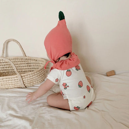 -ベビーロンパース いちご 苺 ストロベリーコスチューム 半袖ボディスーツ  ボンネット帽子セット - mamahalo shop - 半袖ロンパース -  べビー服 - 子供服 - 男の子 - 女の子