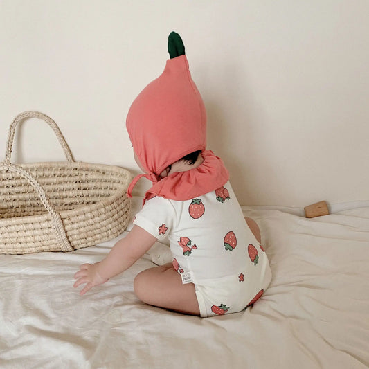 -ベビーロンパース いちご 苺 ストロベリーコスチューム 半袖ボディスーツ  ボンネット帽子セット - mamahalo shop - 半袖ロンパース -  べビー服 - 子供服 - 男の子 - 女の子