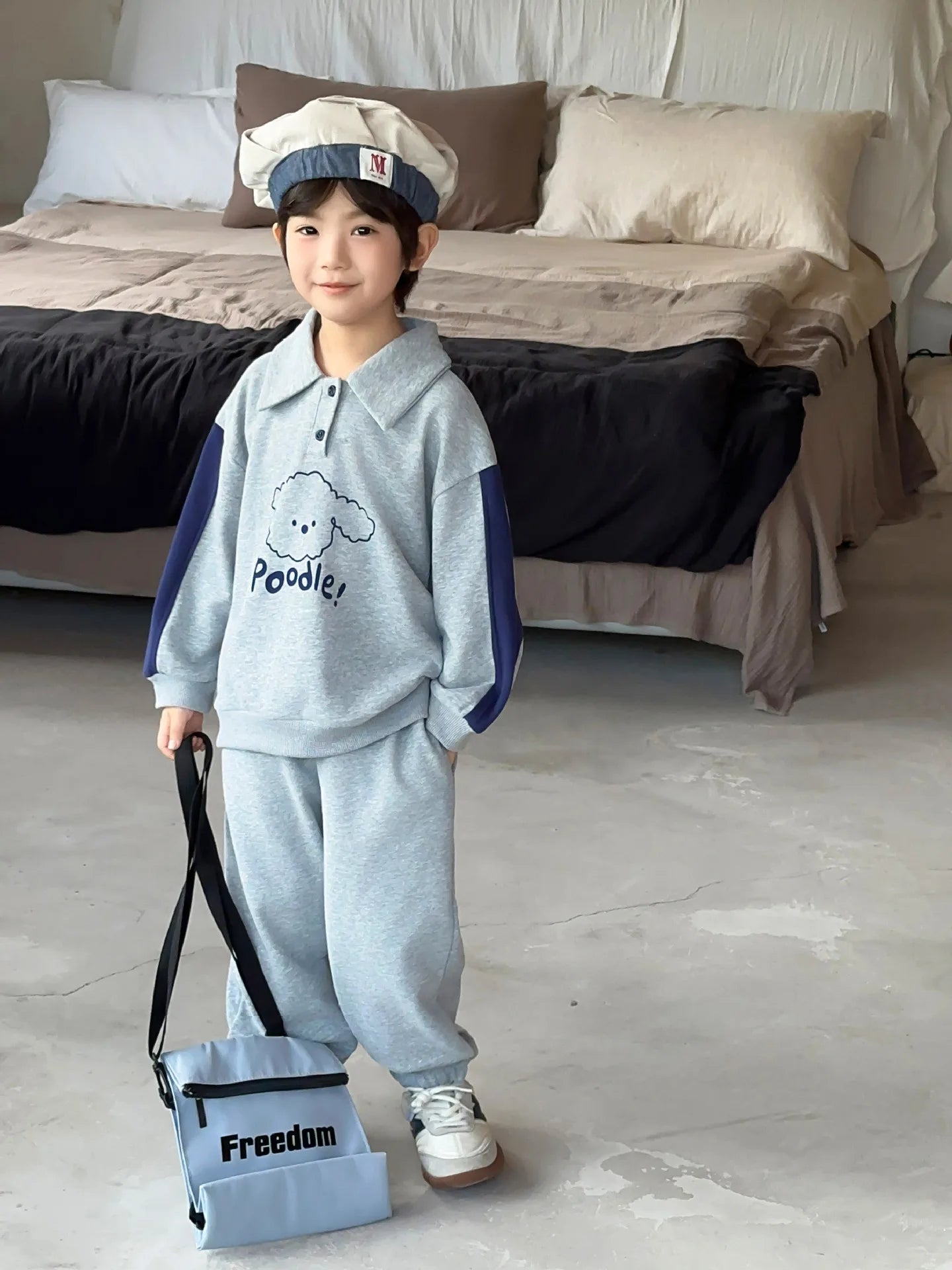 -キッズセットアップ 2点セット 長袖犬プリントポロシャツ+ロングパンツ グレー【mh0006904】 - mamahalo shop - 長袖セットアップ -  べビー服 - 子供服 - 男の子 - 女の子