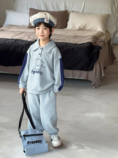 -キッズセットアップ 2点セット 長袖犬プリントポロシャツ+ロングパンツ グレー【mh0006904】 - mamahalo shop - 長袖セットアップ -  べビー服 - 子供服 - 男の子 - 女の子