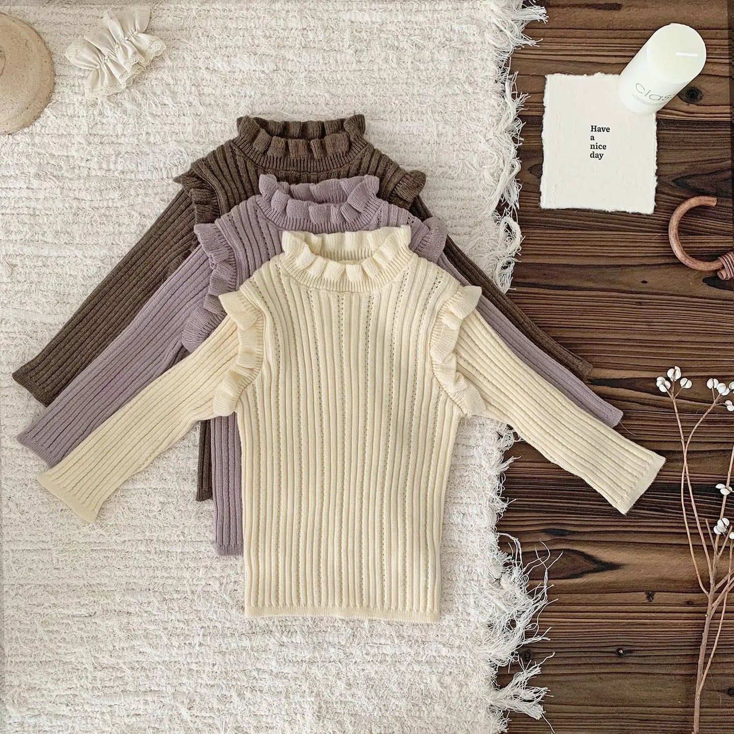 -ベビーキッズトップス フリルショルダースタンドカラーニットカットソーTシャツ 3カラー - mamahalo shop - ニット・セーター -  べビー服 - 子供服 - 男の子 - 女の子