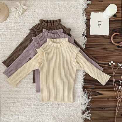 -ベビーキッズトップス フリルショルダースタンドカラーニットカットソーTシャツ 3カラー - mamahalo shop - ニット・セーター -  べビー服 - 子供服 - 男の子 - 女の子