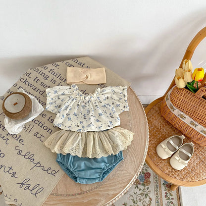 -ベビーセットアップ 2点セット 半袖フラワープリントブラウス+レースフリルデニムブルマパンツ - mamahalo shop - 半袖セットアップ -  べビー服 - 子供服 - 男の子 - 女の子