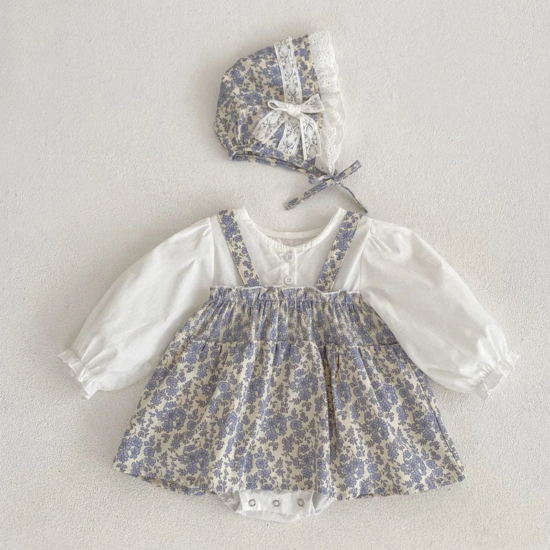 -ベビーロンパース ドッキングスカートフラワープリント長袖ボディスーツ+ボンネット帽子セット【mh0006994】 - mamahalo shop - 長袖ロンパース -  べビー服 - 子供服 - 男の子 - 女の子
