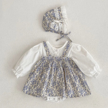 -ベビーロンパース ドッキングスカートフラワープリント長袖ボディスーツ+ボンネット帽子セット【mh0006994】 - mamahalo shop - 長袖ロンパース -  べビー服 - 子供服 - 男の子 - 女の子