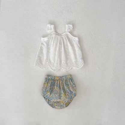 -ベビーセットアップ 2点セット ノースリーブレースチュニックブラウス+フラワープリントブルマパンツ【mh0006518】 - mamahalo shop - ノースリーブセットアップ -  べビー服 - 子供服 - 男の子 - 女の子