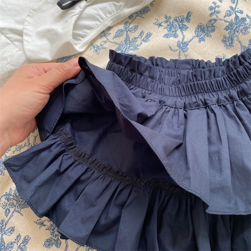 -キッズ レイアード フリル パンツイン スカート ネイビーブルー ガールズ - mamahalo shop - ハーフパンツ・ショートパンツ -  べビー服 - 子供服 - 男の子 - 女の子