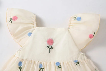 -ベビーロンパース 半袖フレアスリーブスカートボディスーツ フラワー花柄刺繍 リボンヘアバンドセット【mh0005533】 - mamahalo shop - 半袖ロンパース -  べビー服 - 子供服 - 男の子 - 女の子