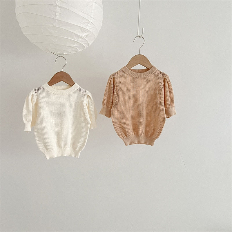 -ベビー サマーニット レース 半袖 パフスリーブ セーター カットソー Tシャツ トップス ベージュホワイト ブラウン ガールズ - mamahalo shop - ニット・セーター -  べビー服 - 子供服 - 男の子 - 女の子