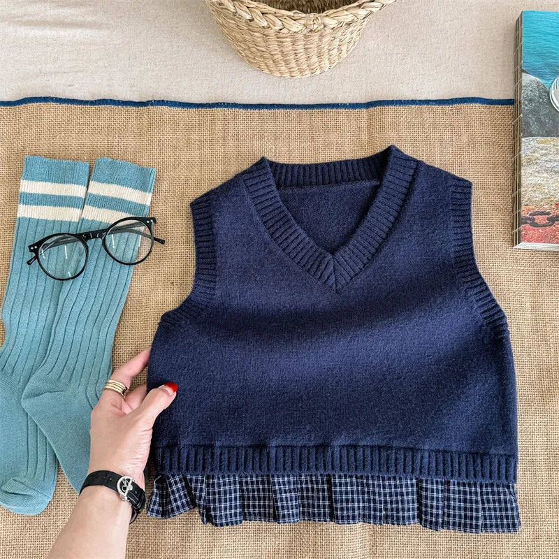 -キッズベスト ニットVネックベスト チェックプリーツペプラム 2カラー - mamahalo shop - ベスト -  べビー服 - 子供服 - 男の子 - 女の子
