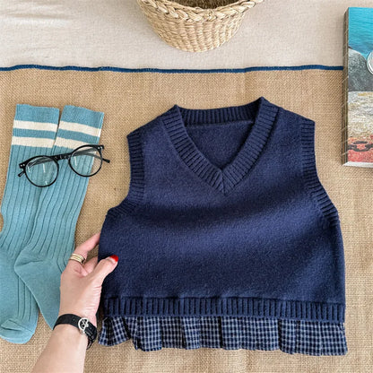 -キッズベスト ニットVネックベスト チェックプリーツペプラム 2カラー - mamahalo shop - ベスト -  べビー服 - 子供服 - 男の子 - 女の子