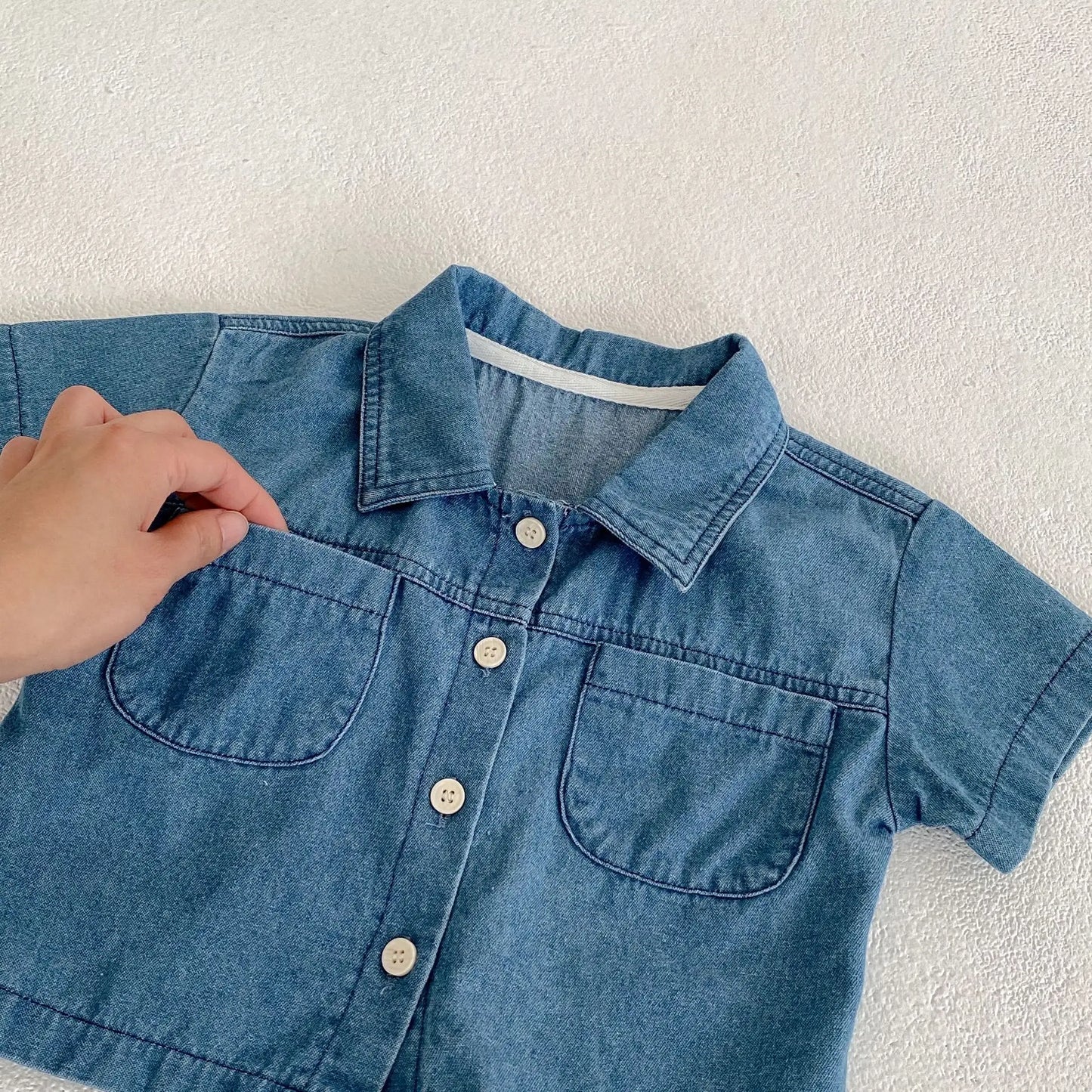 -キッズセットアップ 2点セット デニム 半袖シャツ+ショートパンツ【mh0006177】 - mamahalo shop - 半袖セットアップ -  べビー服 - 子供服 - 男の子 - 女の子