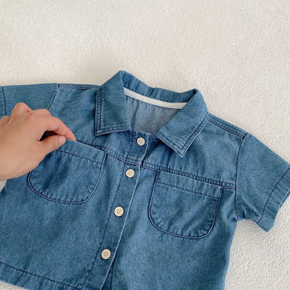 -キッズセットアップ 2点セット デニム 半袖シャツ+ショートパンツ【mh0006177】 - mamahalo shop - 半袖セットアップ -  べビー服 - 子供服 - 男の子 - 女の子