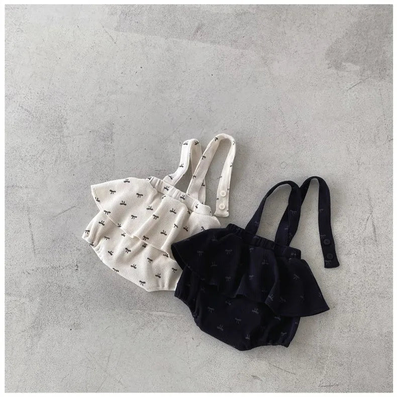 -ベビートップス/パンツ レース刺繍ノーカラー長袖ブラウス/リボンプリントフリルスカートサスペンダーブルマ 2カラー - mamahalo shop - 長袖セットアップ -  べビー服 - 子供服 - 男の子 - 女の子