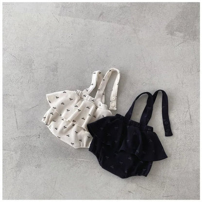 -ベビートップス/パンツ レース刺繍ノーカラー長袖ブラウス/リボンプリントフリルスカートサスペンダーブルマ 2カラー - mamahalo shop - 長袖セットアップ -  べビー服 - 子供服 - 男の子 - 女の子