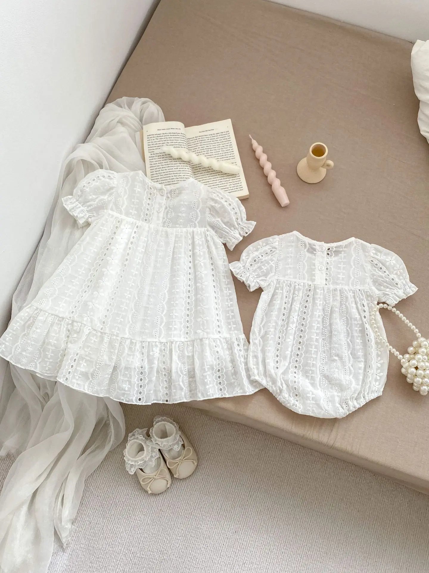 -ベビーロンパース/キッズワンピース 半袖ボディスーツ/半袖ワンピース レース チューリップ刺繍 リンクコーデ 姉妹 お揃いコーデ - mamahalo shop - 半袖ロンパース -  べビー服 - 子供服 - 男の子 - 女の子