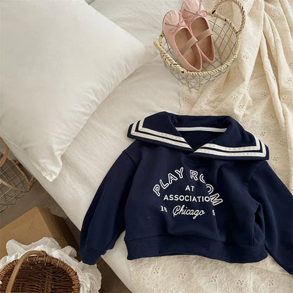 -キッズトップス セーラーカラー 長袖スウェットシャツ レターロゴプリント ベージュ/ネイビー/2カラー - mamahalo shop - 長袖Tシャツ -  べビー服 - 子供服 - 男の子 - 女の子