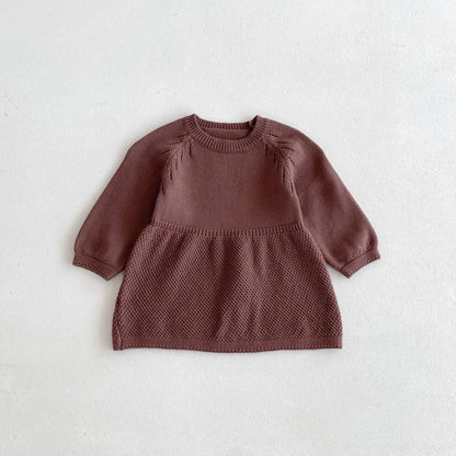 -キッズワンピース シンプルベーシックニット長袖ワンピース ブラウン - mamahalo shop - 長袖ワンピース -  べビー服 - 子供服 - 男の子 - 女の子