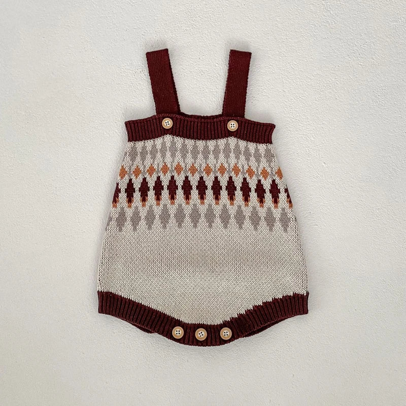 -ベビーカーディガン/ロンパース レトロ幾何学ニットジャケット/サスペンダーニットボディスーツ【mh0006984】 - mamahalo shop - ロンパースセットアップ -  べビー服 - 子供服 - 男の子 - 女の子