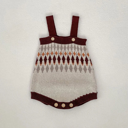 -ベビーカーディガン/ロンパース レトロ幾何学ニットジャケット/サスペンダーニットボディスーツ【mh0006984】 - mamahalo shop - ロンパースセットアップ -  べビー服 - 子供服 - 男の子 - 女の子