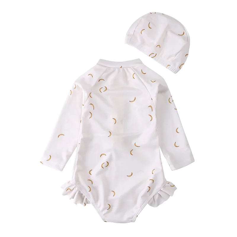 -キッズ水着 長袖ワンピース + キャップ スイムウェア ラッシュガード 帽子セット【mh0004403】 - mamahalo shop - ベビー用水着 -  べビー服 - 子供服 - 男の子 - 女の子