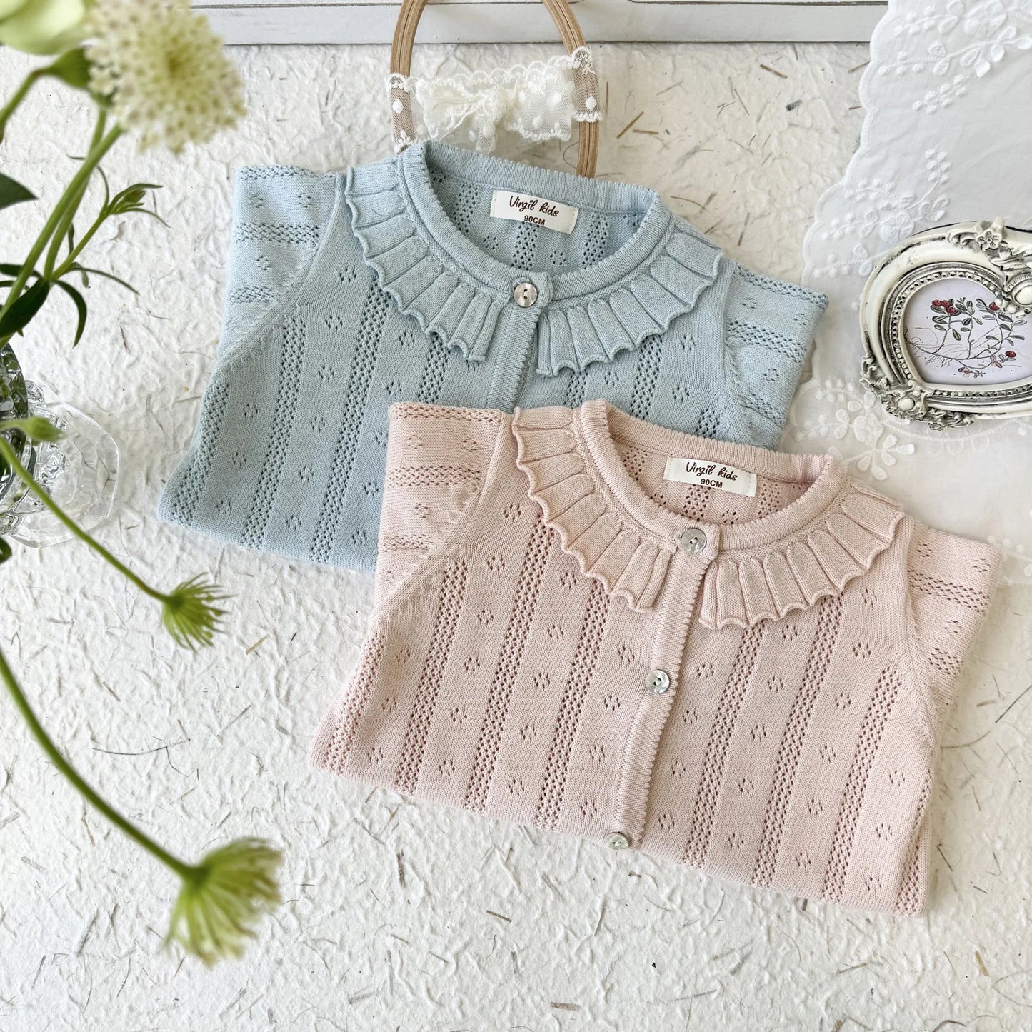 -キッズカーディガン レースニットトップス フリル お出かけ ブルー/ピンク/2カラー - mamahalo shop - カーディガン・パーカー -  べビー服 - 子供服 - 男の子 - 女の子