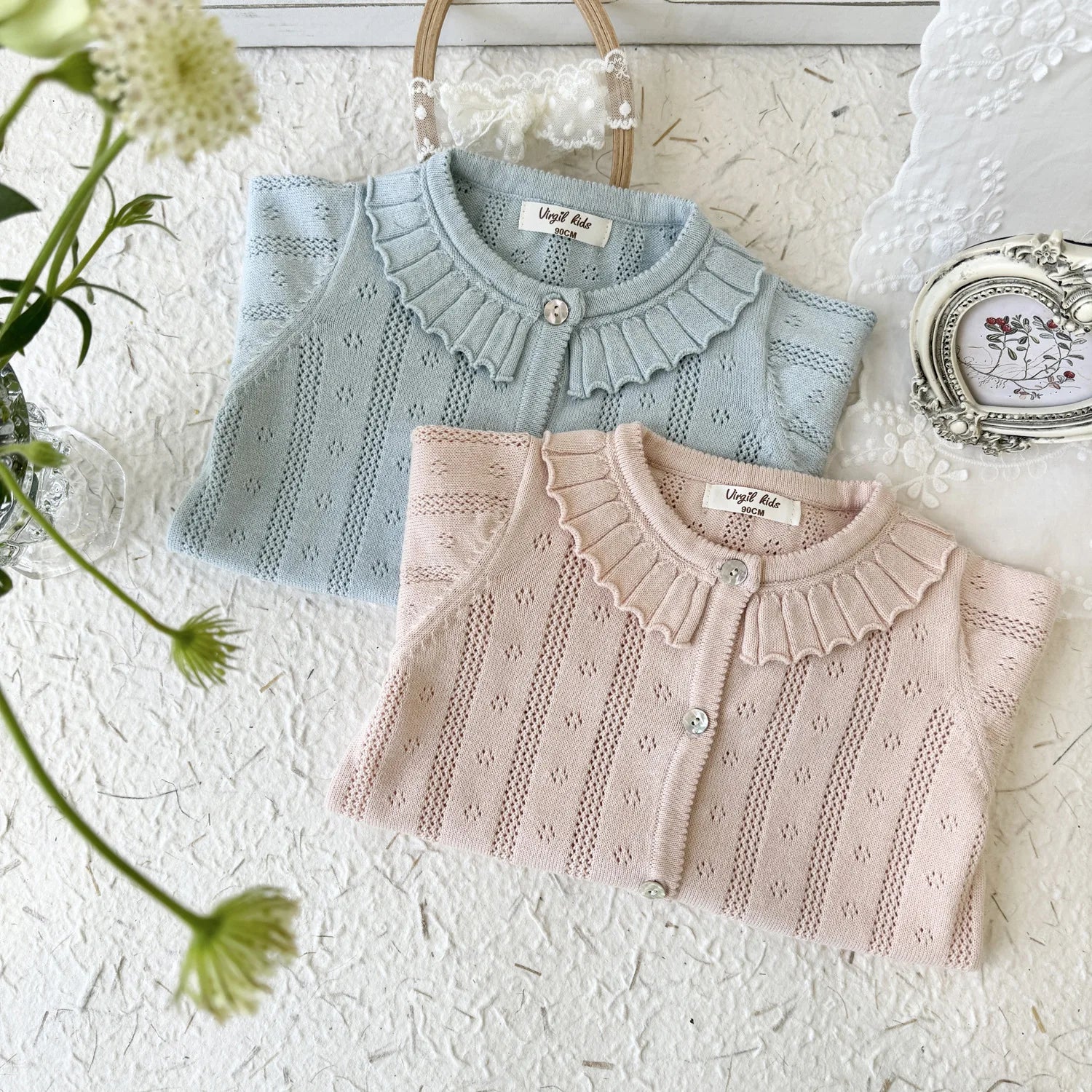 -キッズカーディガン レースニットトップス フリル お出かけ ブルー/ピンク/2カラー - mamahalo shop - カーディガン・パーカー -  べビー服 - 子供服 - 男の子 - 女の子