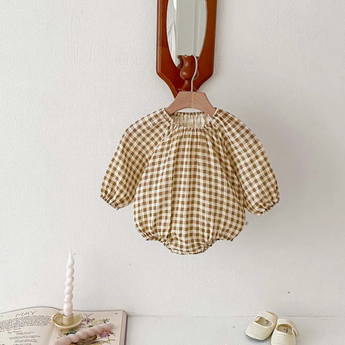 -☺︎  ベビーロンパース 長袖ルーズボディスーツ ハート チェックプリント柄 - mamahalo shop - 長袖ロンパース -  べビー服 - 子供服 - 男の子 - 女の子