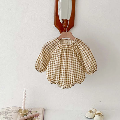 -☺︎  ベビーロンパース 長袖ルーズボディスーツ ハート チェックプリント柄 - mamahalo shop - 長袖ロンパース -  べビー服 - 子供服 - 男の子 - 女の子