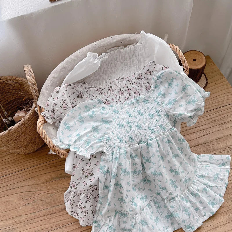 -ベビーワンピース 半袖パフスリーブ シャーリング サマードレス フラワー花柄プリント 3カラー【mh0005345】 - mamahalo shop - 半袖ワンピース -  べビー服 - 子供服 - 男の子 - 女の子